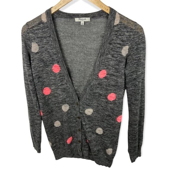 Madewell Fairweather Double Dot Linen Cardigan‎ Sweater Grey Pink Size XS Boho - Picture 3 of 15